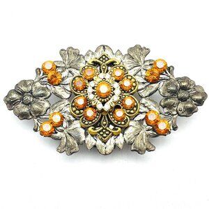 Filigree Floral Brooch Orange Rhinestones Magnetic Back Silver Tone Statement
